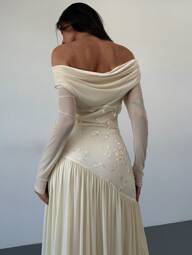 Aloruh New Off-Shoulder Long Sleeve Color Block Mesh Embroidered Asymmetric Hem Splice Stretch Slim Dress