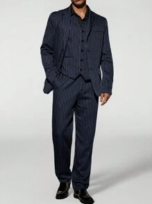 Manfinity VCAY 3pcs/Set Men's Casual Striped Loose Fit Long Sleeve Blazer, Elastic Waist Pants And Vest Suit - Navy Blue - View 2