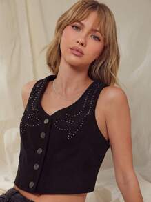 WESTFADE Spring Corduroy Studded Embellished Tank Top Button Front Cropped Western Nashville Outfits
