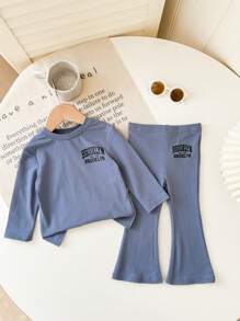 SHEIN Bộ 2 áo thun cổ tròn trễ vai phong cách cổ điển thường ngày cho bé gái và quần ống rộng, thích hợp mặc khi đi chơi, đi chơi và mặc ở nhà - Màu xanh lam - Xem 3