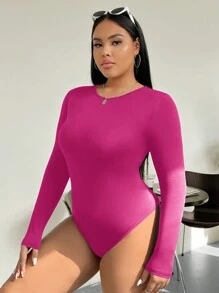 SHEIN EZwear 大码纯色圆领长袖修身休闲紧身衣 - 玫紅色 - 查看 3
