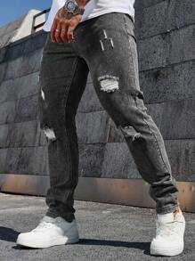 Manfinity Homme Men's Front Button Pocket Distressed Casual Denim Jeans - Dark Grey - View 5