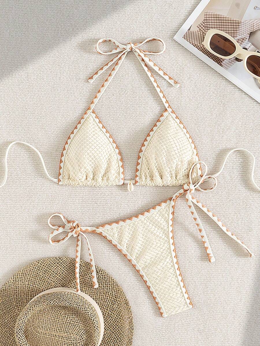 Swim Mod Bộ đồ bơi bikini màu trơn có tua rua và dây buộc bên hông dành cho nữ, mùa hè - Màu be - Xem 1