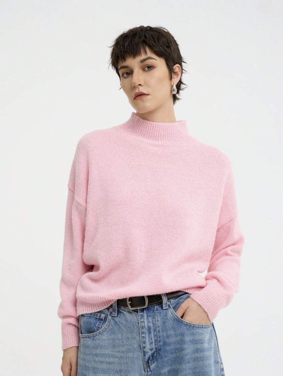 Aalyst Women Solid Color Stand Collar Simple Casual Pullover Sweater For Daily Wear Knit Pullover Fall Winter Outfit - Pink - View 1