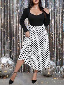 Franclia Plus Size Women Vintage Polka Dot Long Sleeve Dress, Black And White, Autumn