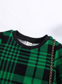 SHEIN Babygirl Cute Green Plaid Long Sleeve Knitted Dress, Autumn/Winter - Dark Green - View 4