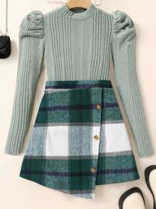 SHEIN Teen Girls 2 Pieces Set: Green & White Ribbed Stand Collar Long Sleeve Top, Plaid Button-Front Skirt, Elegant Fall/Christmas/New Year Outfit