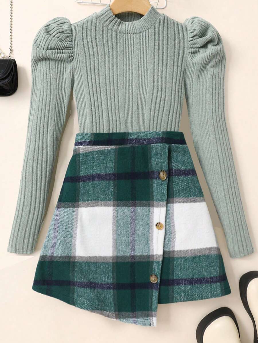 SHEIN Teen Girls 2 Pieces Set: Green & White Ribbed Stand Collar Long Sleeve Top, Plaid Button-Front Skirt, Elegant Fall/Christmas/New Year Outfit