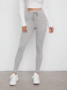 SHEIN EZwear Drawstring Waist Solid Leggings - Light Grey - View 4