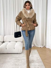 Chiquease Damski ocieplany płaszcz zimowy z puszystym kołnierzem, długim rękawem, zapięciem na guziki z przodu i kieszeniami - Kolor khaki - Zobacz 3
