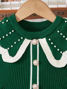 SHEIN 年轻女孩针织毛衣裙配珍珠装饰，优雅领口长袖圆领柔软针织裙适合休闲、郊游、旅行、度假、居家、日托、玩耍、上学、聚会 - 墨綠色 - 查看 4