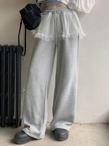 DAZY 女士蕾丝拼布前系带腰部休闲运动裤