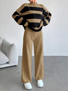 SHEIN Cottnline Striped Pattern Drop Shoulder Sweater & Knit Pants ,Petite Women - Camel - View 3