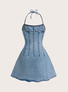 SHEIN ICON Vestido vaquero entallado de mini falda de corte evasé con pliegues y sin mangas en estilo casual urbano para uso diario - Azul - Ver 2