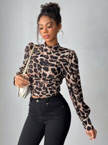 Chiquease Dames Stand Collar Lange Mouw Luipaard Print Casual Shirt