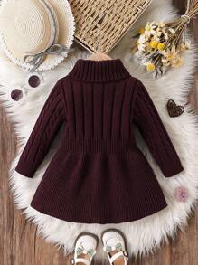 SHEIN Baby Girl Solid Color Mock Neck Long Sleeve Casual Sweater Dress, Baby Girl Sweater Dress, Toddler Sweater Dress, Burgundy Baby Girl Sweater Dress, Baby Girl Knit Dress, Fall Baby Girl Dress
