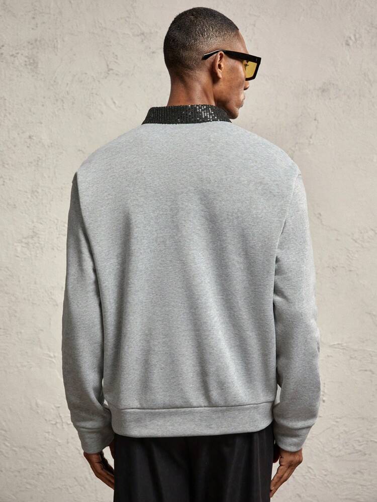 Suéter Casual de Manga Longa com Paetês Cinza e Contraste de Cor, Adequado para Festas de Outono/Inverno, Suéter Bordado com Design de Letra, Trabalho de Blocos de Cor com Botão de Quarto, Presente para Amigos, Marido, Namorado