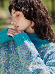 Skyraze Women Blue-Green High Neck Contrast Color Mixed Material Sweater, Knit Top For Winter - Multicolor - View 7