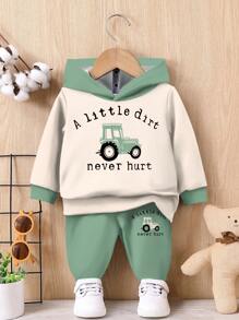 SHEIN Bộ quần dài nỉ và áo hoodie in họa tiết máy kéo thoải mái, rộng rãi cho bé trai, phù hợp cho mùa thu đông - Nhiều màu - Xem 3