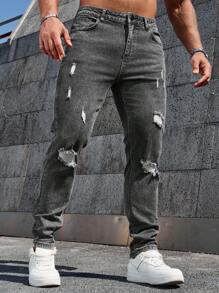 Manfinity Homme Men's Front Button Pocket Distressed Casual Denim Jeans - Dark Grey - View 6