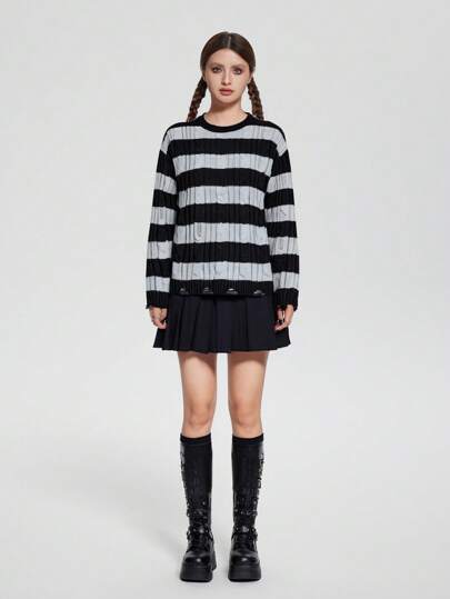 SHEIN Explorewe Pullover für Teenager Mädchen mit Rundhalsausschnitt, Streifenmuster und abgenutzt-Optik, Langarm