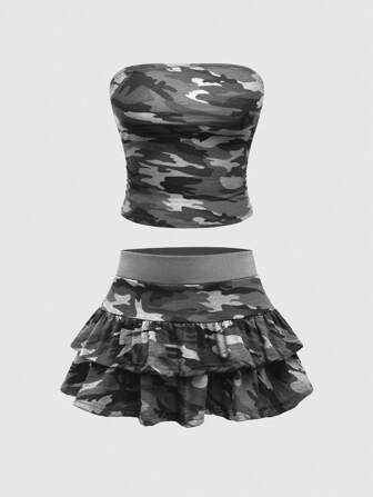 Grunge Punk Conjunto de 2 piezas de top corto y mini falda camuflaje Y2K, sexy