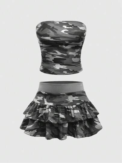 Grunge Punk Y2K Camo Crop Top And Mini Skirt 2Pcs Set, Sexy