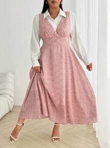 Flirla Elegant French Design V-Neck Color-Block Shirt Collar Waist-Cinched Texture Fabric A-Line Dress, Stylish Commuting Outfit, Women's New Arrival Maxi Women Outfit - Multicolor - View 6