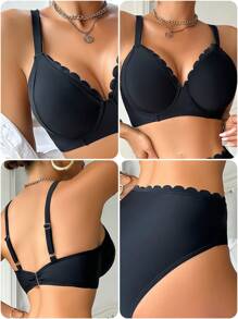 Swim DD+ Women Steel Hooped Scallop Edge Two-Piece Bikini Set, Summer Beach - Black - View 8