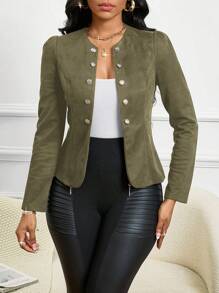 SHEIN Lady Four Season/ Attire/ Suede Black Button Detail Open Front Jacket In Fall/Winter - Army Green - View 7