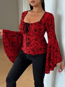 Flirla Plus Size Women Flared Sleeve Tie-Up Ruched Mesh Flocked Fitted Knee-Length Party T-Shirt - Multicolor - View 6