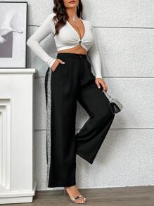 Flirla Plus Size Women Casual Sequin Patchwork Pants - Black - View 6