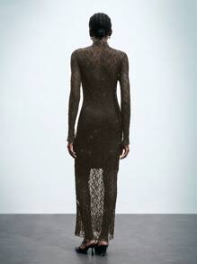 Maija Autumn/Winter New Urban Elegant Holiday Party Daily Casual Lace Midi Sweater Dress, Waisted - Brown - View 5