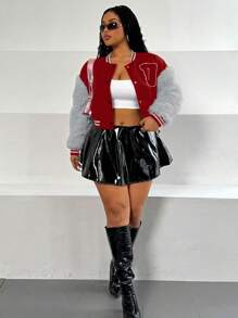 Maweii Plus Size Women Contrast Color Striped Letter Print Long Sleeve Single Breasted Casual Baseball Jacket, Autumn For New Year Clothes - Red - View 4