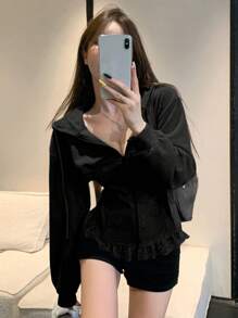 DAZY 女式蕾丝拼布长袖拉链休闲连帽运动衫，秋季服装夹克 - 黑色 - 查看 6