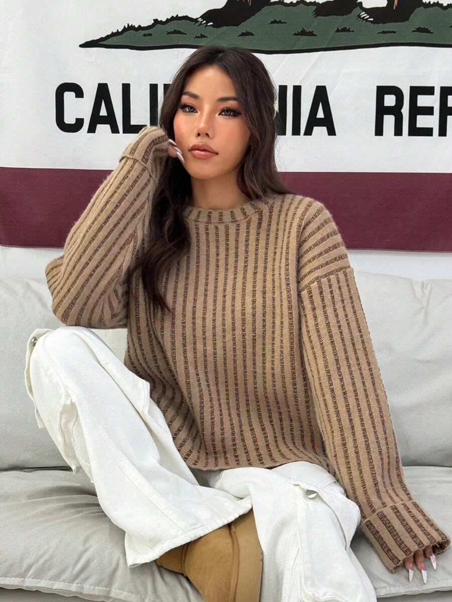 Flirla 宽松美式条纹印花长袖套头毛衣,秋冬款 - 彩色 - 查看 1