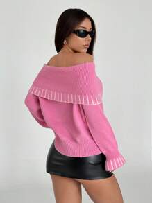 SHEIN Unity Women Colorblock Long Sleeve Casual Simple Knit Sweater, Comfortable For Daily Wear Knit Pullover Fall Winter - Pink - View 2