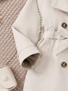 PrepCrw 年轻女孩卡其色抽绳腰部宽松加厚保暖内衬双排扣连帽风衣，秋冬 - 杏色 - 查看 4