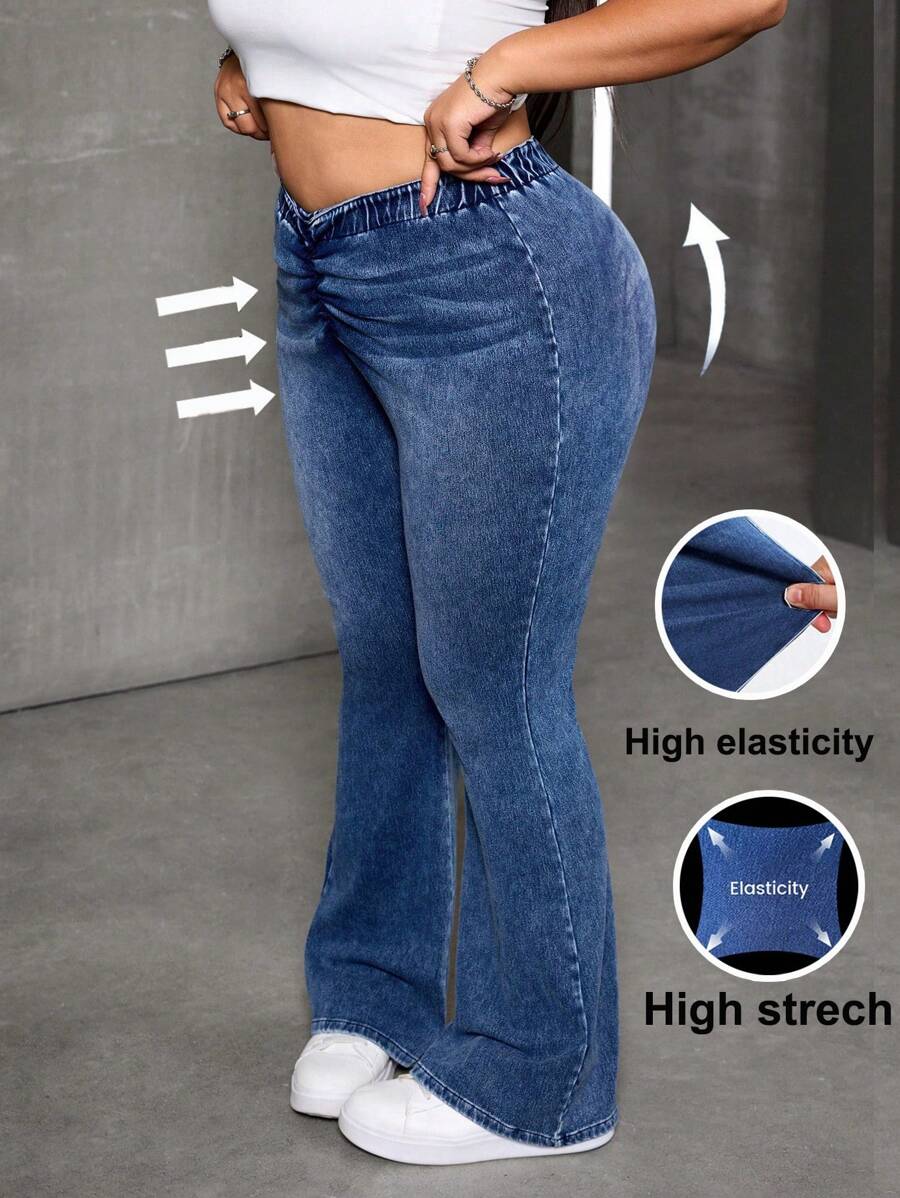 SHEIN ICON Plus Size Women Blue Sexy Streetwear Skinny Flare Jeans - Black - View 1