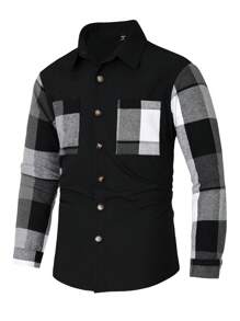 Manfinity Homme Men Front Buttons Solid Color Splicing Long Sleeve Pocket Casual Top - Black and White - View 4