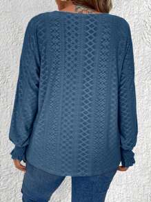 SHEIN LUNE Blusa informal de manga larga, cuello cuadrado y unicolor en tallas grandes - Azul Marino - Ver 2