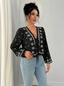 Chiquease Deep V Neck Front Button Tie-Up Symmetric Print Long Sleeve Blouse, Suitable For Spring And Autumn Women Shirt - Black - View 6