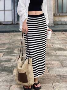 INAWLY 女式条纹长款紧身针织毛衣裙 - 黑與白 - 查看 1