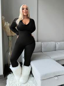 SHEIN SXY Women Plus Size Autumn/Winter Turtleneck Jumpsuit Seamless Jumpsuitblack Body Suitblack Jumpsuit Long Sleeveplus Size Body Suit