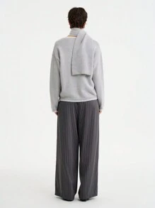 Aalyst Women's Casual Grey V-Neck Long Sleeve Loose Fit Sweater With Contrast Trim Scarf Knit Pullover Fall Winter - Grey - View 2