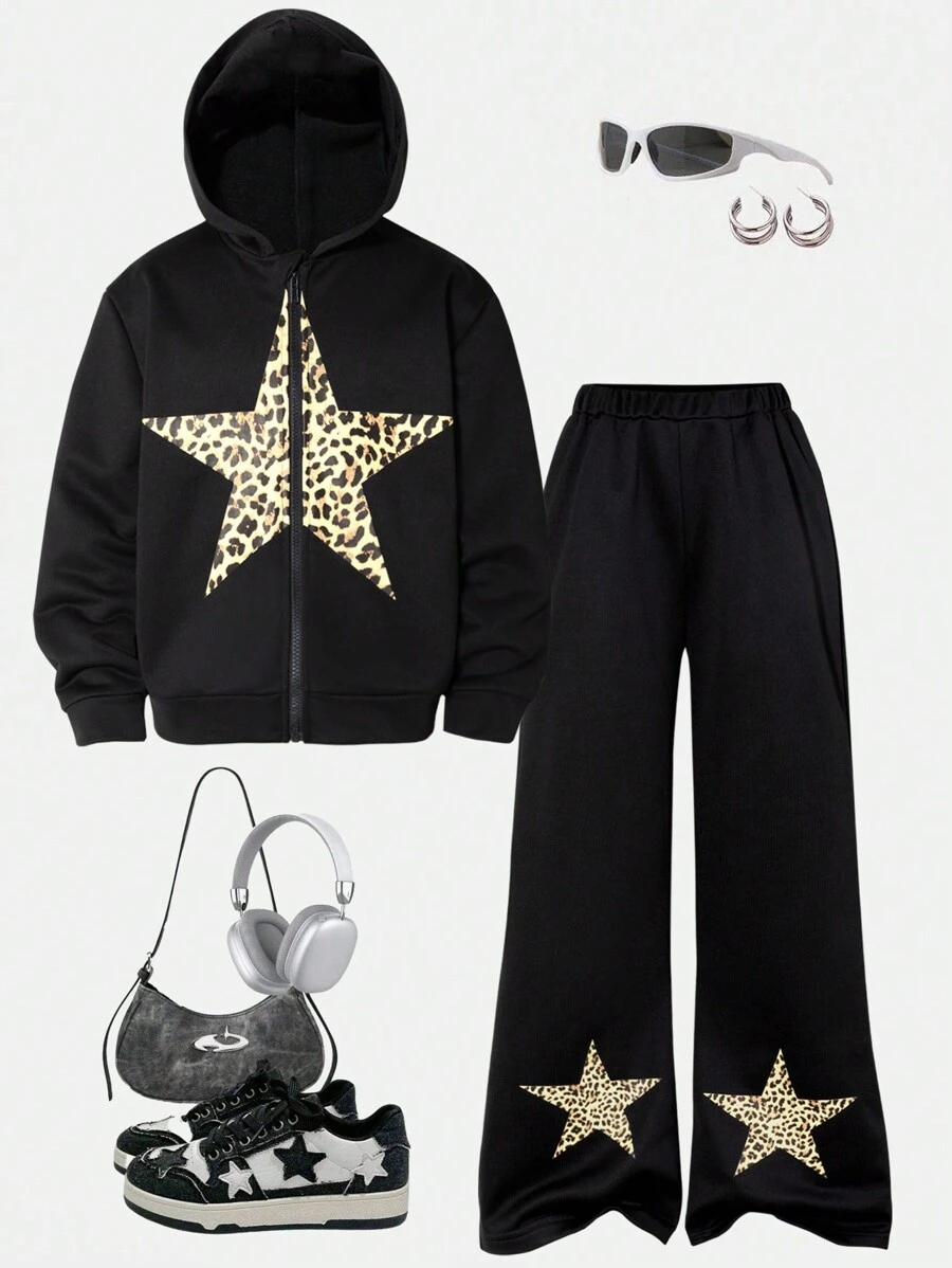 Conjunto de sudadera con estampado de leopardo y estrellas para niñas preadolescentes y jóvenes, estilo otoño/invierno - Negro - Ver 1