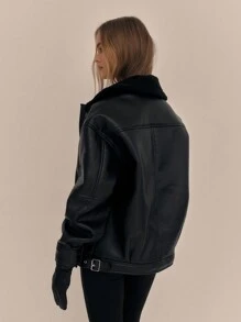 MUSERA Faux Leather Fur Trim Aviator Jacket - Black - View 4