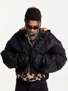 Manfinity RebelGame 男士纯色前拉链连帽休闲短款宽松棉服外套，派对时尚保暖饶舌歌手拼色冬季外套，适合朋友、丈夫、男朋友的礼物 - 黑色 - 查看 6