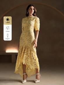 Anewsta Đầm Maxi Dài Tay Ngắn Phối Ren Hình Hoa Trắng Tinh Khiết Cho Nữ - Màu vàng - Xem 8