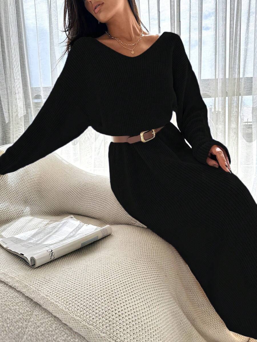 EURMUSE Satin Ribbon Detail On Back Dress Elegant Cute Simple Casual Street - Black - View 1
